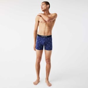 Lacoste Branded Midja Long Stretch Bomull Boxer Brief 3-Pack Marinblå Blå Grå Röda | ZJYSV-7085