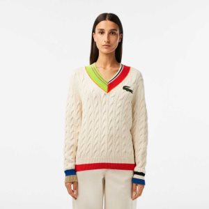 Lacoste Cable Knit Color Twist V-Neck Vita | FQDXU-2941