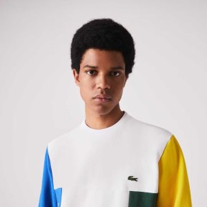 Lacoste Crew Neck Colorblock Bomull Fleece Vita Blå Gula Gröna | YJOMT-0432