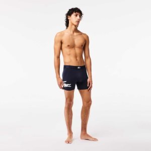 Lacoste Crocodile Midja Long Stretch Bomull Boxer Brief 3-Pack Marinblå Blå Vita Grå Marinblå Blå | GTWJF-3695