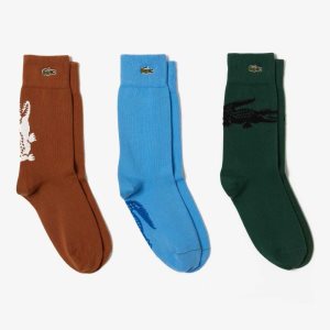 Lacoste Crocodile Pattern Sock Three-Pack Bruna Vita Gröna Svarta Blå | MUKWF-9318