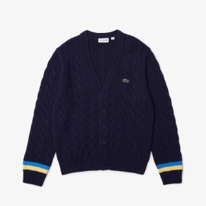 Lacoste Klassiska Fit Contrast Randig Cardigan Marinblå Blå Gula Blå | CBLEW-0714