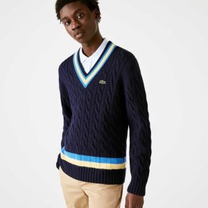 Lacoste Klassiska Fit Contrast Randig Ull Marinblå Blå Gula Blå | LOYAU-5418