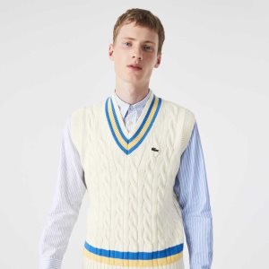 Lacoste Klassiska Fit Ull Vest Vita Gula Blå | KUEAF-1265