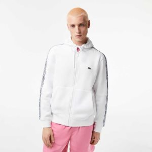 Lacoste Klassiska Fit Zipped Hoodie with Brand Stripes Vita | QOAZH-9718