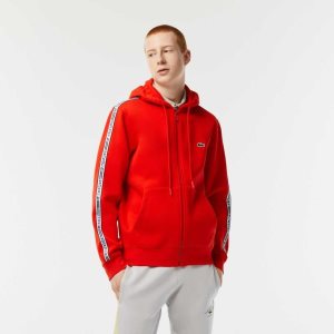 Lacoste Klassiska Fit Zipped Hoodie with Brand Stripes Röda | UVLBM-0769