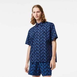 Lacoste Korta Sleeve Vintage Print Marinblå Blå Blå | ZEFLY-6514