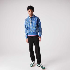 Lacoste LIVE Loose Fit Print Bomull Hoodie Blå Vita | GQZYA-5230