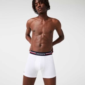 Lacoste Long Stretch Bomull Jersey Boxer Brief 3-Pack Marinblå Blå Vita | UHCSM-5284