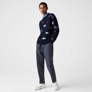 Lacoste Made In France Crew Neck Organic Bomull Jacquard Marinblå Blå Vita | ZXUCT-0461