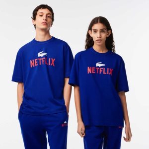 Lacoste Netflix Loose Fit Organic Bomull Blå | BNXJP-5986