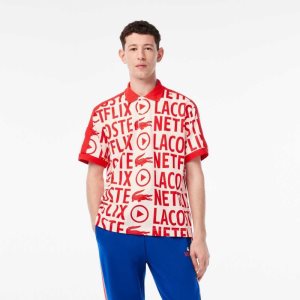 Lacoste Netflix Loose Fit Organic Bomull Print Vita Röda | FDGKU-7285