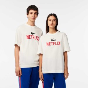 Lacoste Netflix Loose Fit Organic Bomull Vita | QYMPO-2954