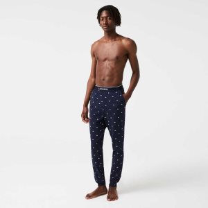 Lacoste Printed Jersey Pajama Pants Marinblå Blå Vita | QDXWJ-6914