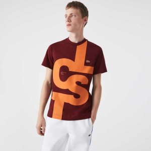 Lacoste Regular Fit Contrast Lettering Bomull Vinröda | AYEFT-7965