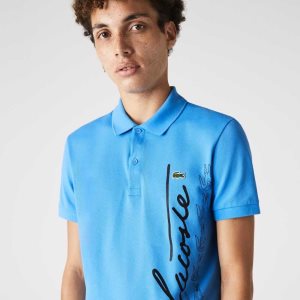 Lacoste Regular Fit Signature Bomull Pique Blå | VFWRU-8493