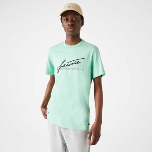 Lacoste Signature And Crocodile Print Crew Neck Bomull Gröna | KMJSL-1409