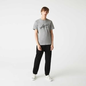 Lacoste Signature And Crocodile Print Crew Neck Bomull Grå | MJUQN-9657