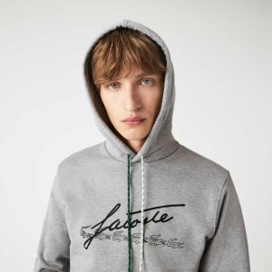 Lacoste Signature Flecked Bomull Fleece Hoodie Grå | ESRYU-9784