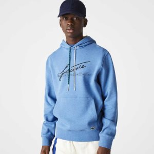 Lacoste Signature Flecked Bomull Fleece Hoodie Blå | LZHGY-1652