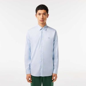 Lacoste Slim Fit Check Stretch Poplin Vita Blå | OLITG-9385