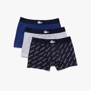 Lacoste Stretch Bomull Trunk 3-Pack Marinblå Blå Vita Grå Marinblå Blå | OCRXN-1489