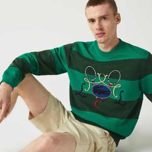 Lacoste Tennis Design Crew Neck Randig Bomull Fleece Gröna | NGXYO-9103