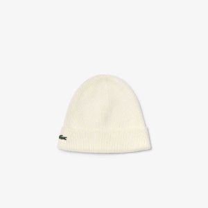 Lacoste Turned Edge Räfflad Ull Beanie Vita | CTWHF-6450