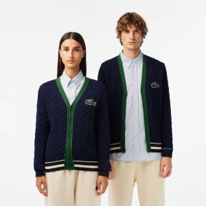 Lacoste V-Neck Cable Knit Organic Bomull Cardigan Marinblå Blå Vita | ZLSUM-5870