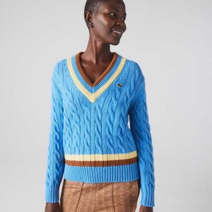 Lacoste V-Neck Cable Knit Ull Blå Gula Bruna | XGEVH-2798