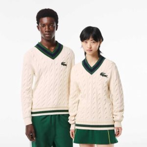 Lacoste V-Neck Cable Knit in Organic Bomull Vita | LOQYN-9150