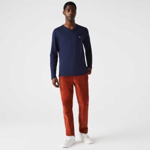 Lacoste V-Neck Lätta Pima Bomull Jersey Marinblå Blå | GXYJH-0278