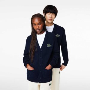 Lacoste V-Neck Organic Bomull Cardigan Marinblå Blå | WUPFX-0235