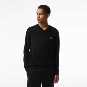 Lacoste V-Neck Organic Bomull Svarta | JTIQX-9842