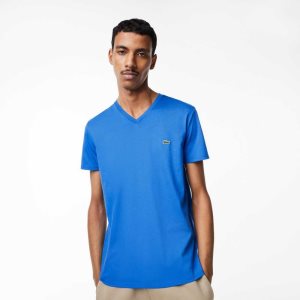 Lacoste V-Neck Pima Bomull Jersey Blå | QHLFM-3819