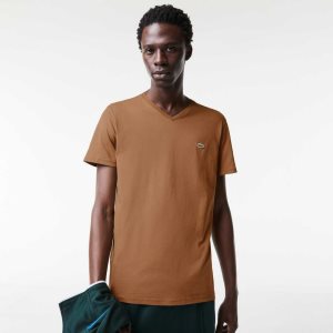 Lacoste V-Neck Pima Bomull Jersey Bruna | JNYQT-8529