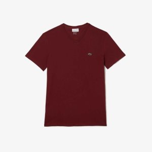 Lacoste V-Neck Pima Bomull Jersey Vinröda | VIZCJ-1923