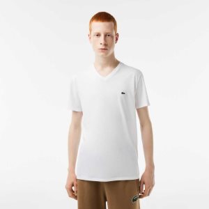 Lacoste V-Neck Pima Bomull Jersey Vita | JFRHK-0231