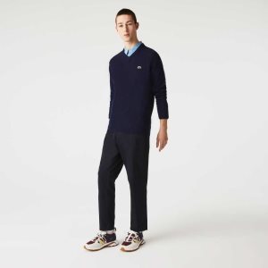 Lacoste V-Neck Ull Marinblå Blå | HGTIO-2104