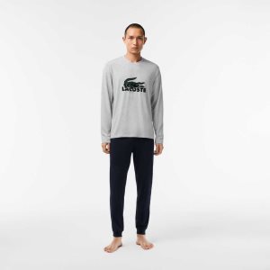 Lacoste Velvet Logo Long Pajama Set Marinblå Blå Grå Gröna | EOIPR-7912