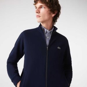 Lacoste Zippered Stand-Up Collar Pique Fleece Jacket Marinblå Blå | SXCVW-4170