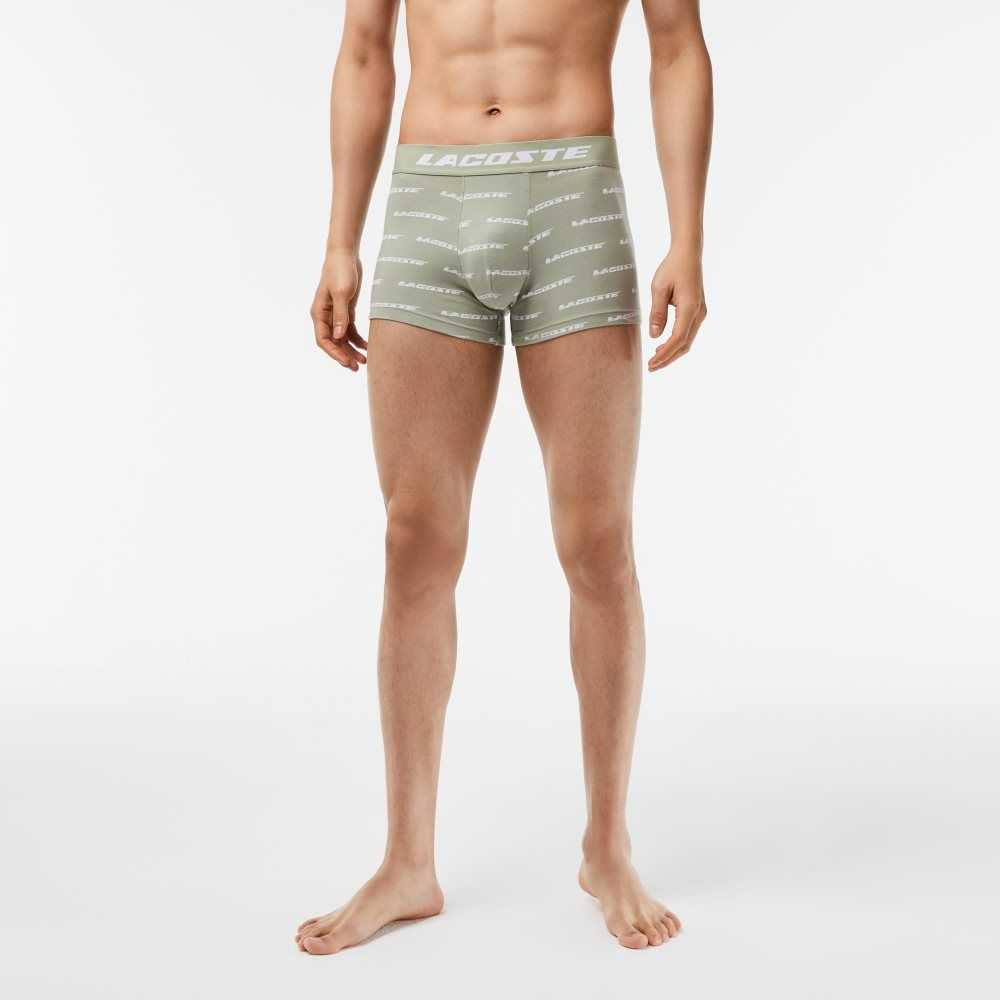 Lacoste 3-Pack Contrast Midja Trunks Khaki Gröna Grå Vita | VZMTH-5189