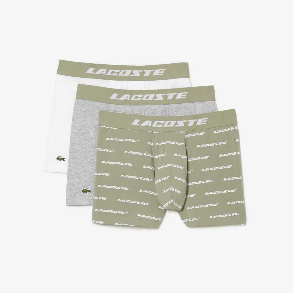 Lacoste 3-Pack Logo Print Jersey Boxers Khaki Gröna Grå Vita | IWJXA-1694