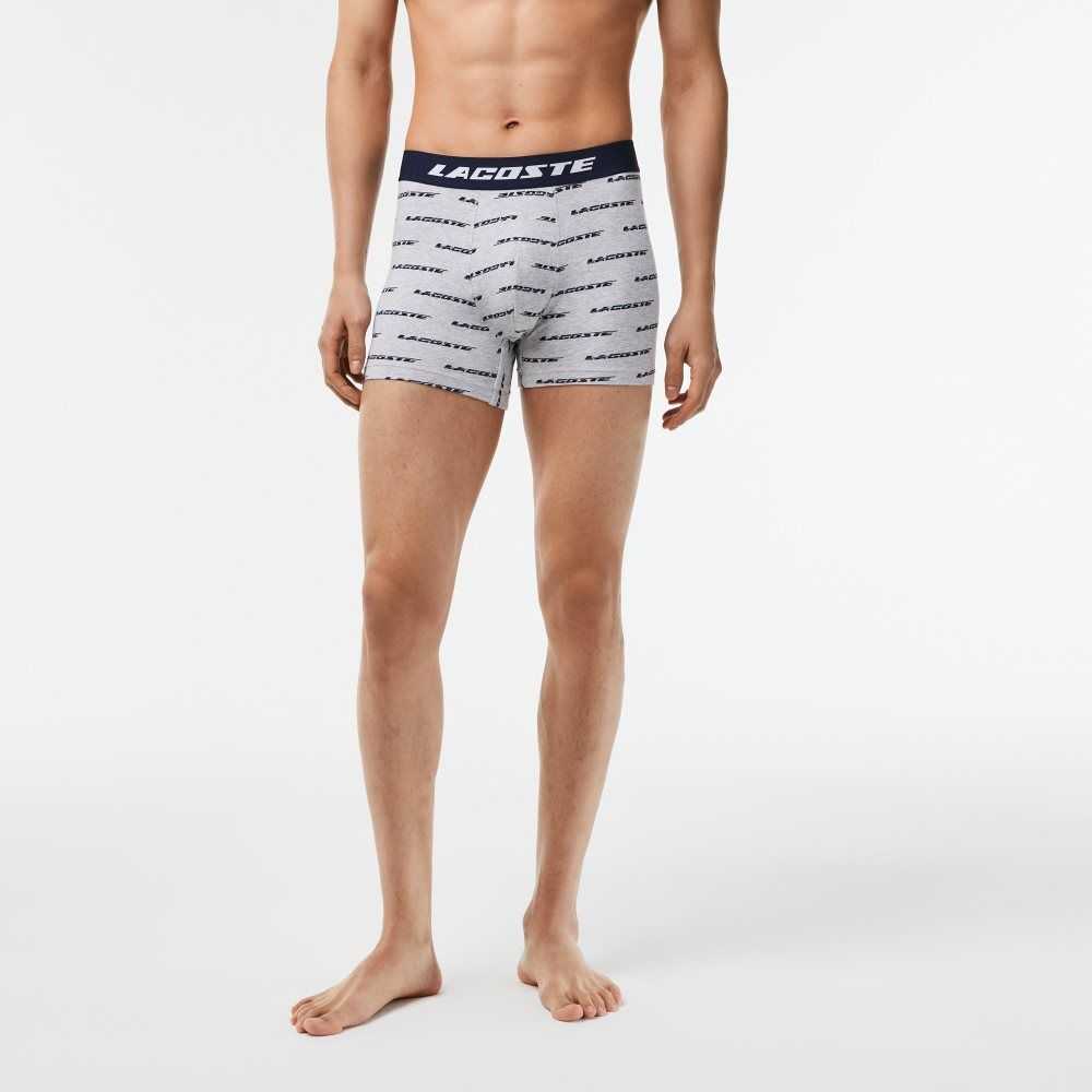 Lacoste 3-Pack Logo Print Jersey Boxers Grå Marinblå Blå | YLZBI-1749