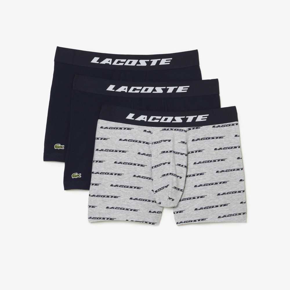 Lacoste 3-Pack Logo Print Jersey Boxers Grå Marinblå Blå | YLZBI-1749