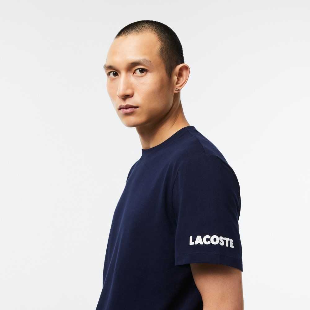 Lacoste Bomull Jersey Contrast Print T-Shirt Marinblå Blå Vita | JHBWL-6514