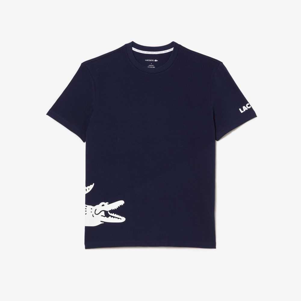 Lacoste Bomull Jersey Contrast Print T-Shirt Marinblå Blå Vita | JHBWL-6514