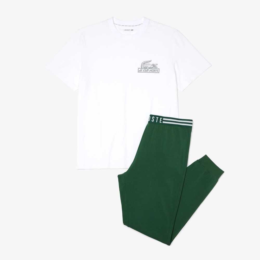 Lacoste Bomull Jersey Pajama Set Vita Gröna | HVIMT-7561