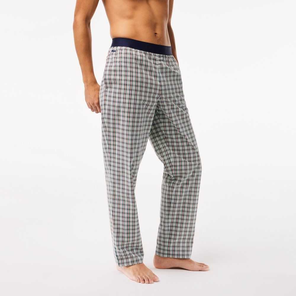 Lacoste Bomull Poplin Check Print Pajama Pants Gröna Marinblå Blå Orange Gula | IVPJS-9764