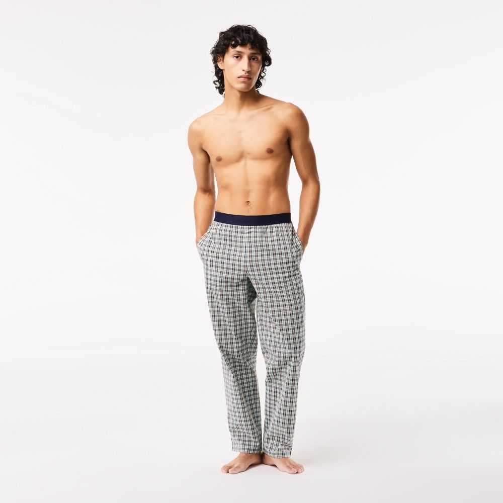 Lacoste Bomull Poplin Check Print Pajama Pants Gröna Marinblå Blå Orange Gula | IVPJS-9764